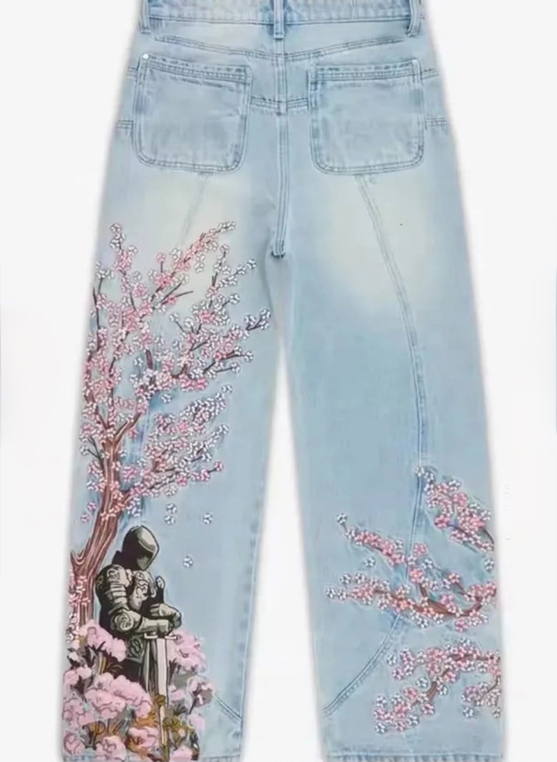 Mavi Sakura Şövalye Nakışlı Y2K Baggy Pantolon