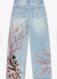 Mavi Sakura Şövalye Nakışlı Y2K Baggy Pantolon
