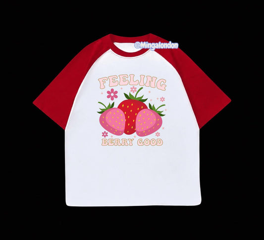 Kırmızı Reglan Kol Feelıng Berry Good Baskılı T-Shirt