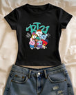 Bt21 Baskılı Siyah Kemer Boy Y2K Kısa Kollu Crop