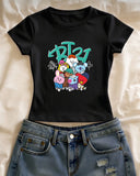 Bt21 Baskılı Siyah Kemer Boy Y2K Kısa Kollu Crop