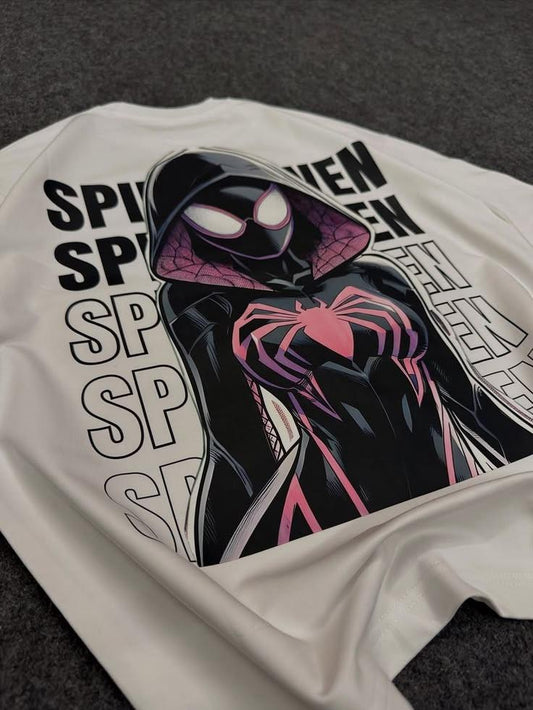 Beyaz Spider Gwen Baskılı Oversize T-Shirt