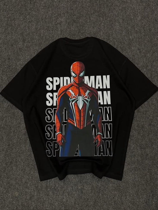 Siyah Örümcek Adam Baskılı Oversize T-Shirt
