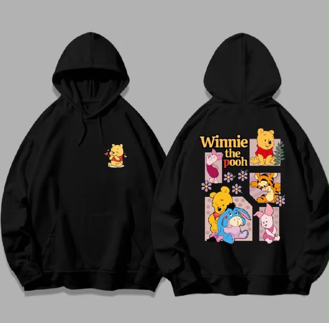 Siyah Winnie The Poah Ön-Sırt Baskılı Kapüşonlu Sweatshirt