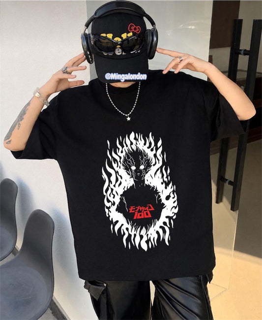 Anime Mob Psycho 100 Baskılı Siyah Oversize T-Shirt