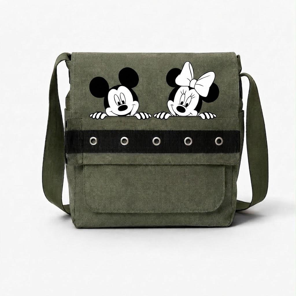 Haki Mickey-Minnie Baskılı Yuvarlak Kuşgözü Postacı Çanta