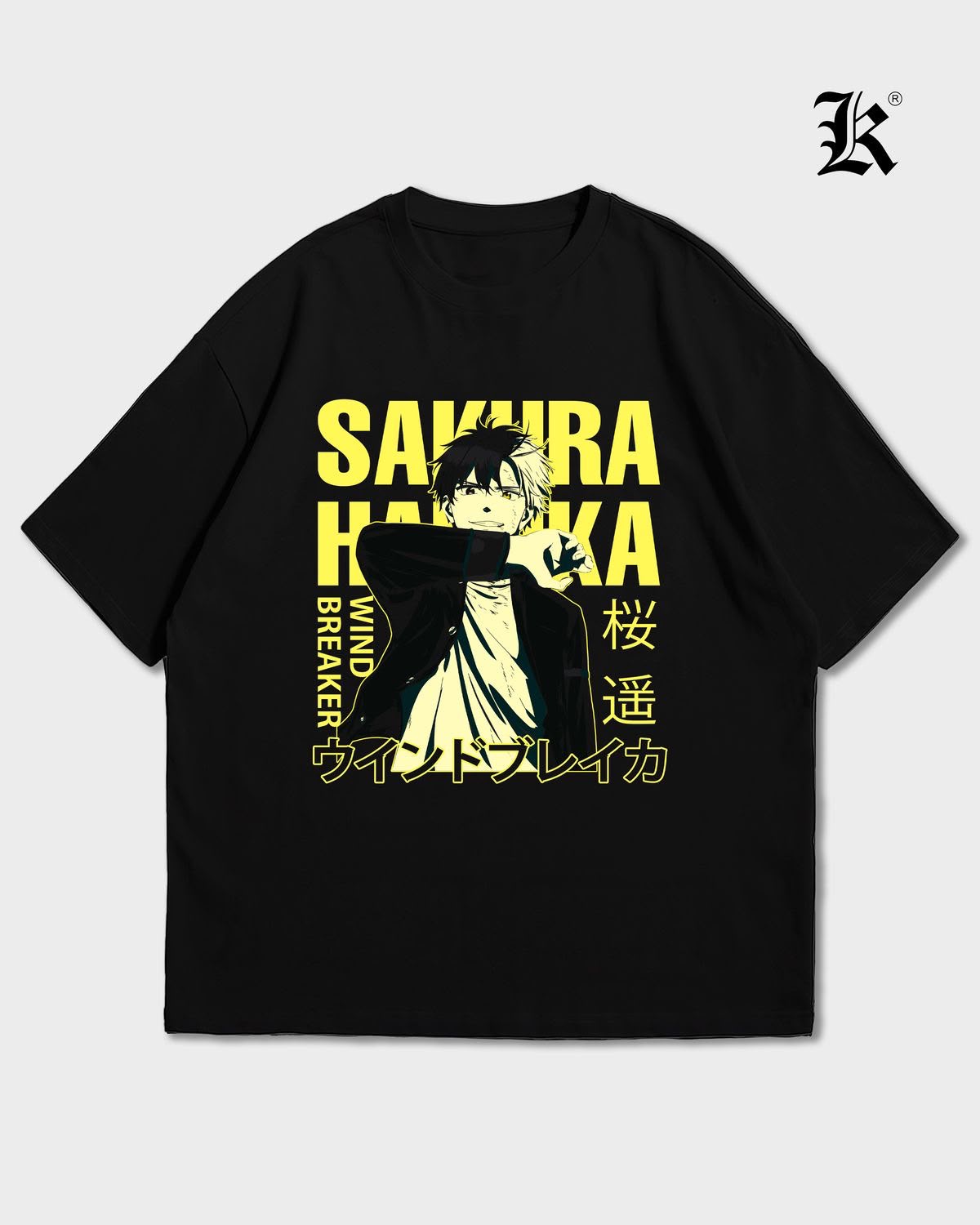 Siyah Sakura Sarı Baskılı Oversize T-Shirt