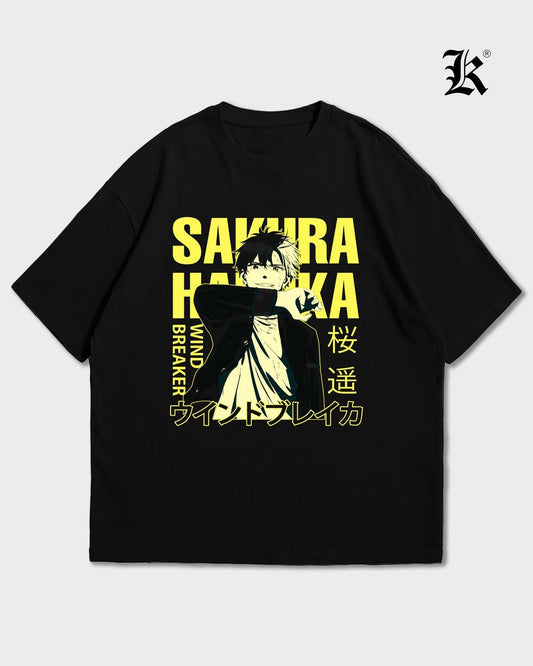Siyah Sakura Sarı Baskılı Oversize T-Shirt