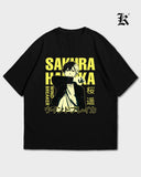 Siyah Sakura Sarı Baskılı Oversize T-Shirt