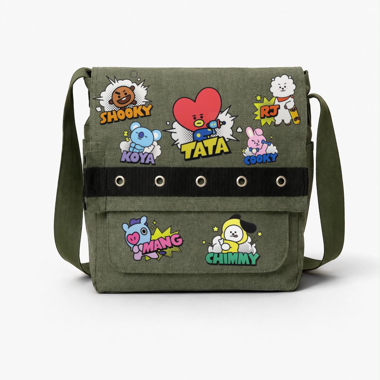 Haki BT21 Karakter Baskılı Yuvarlak Kuşgözü Postacı Çanta