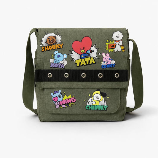 Haki BT21 Karakter Baskılı Yuvarlak Kuşgözü Postacı Çanta