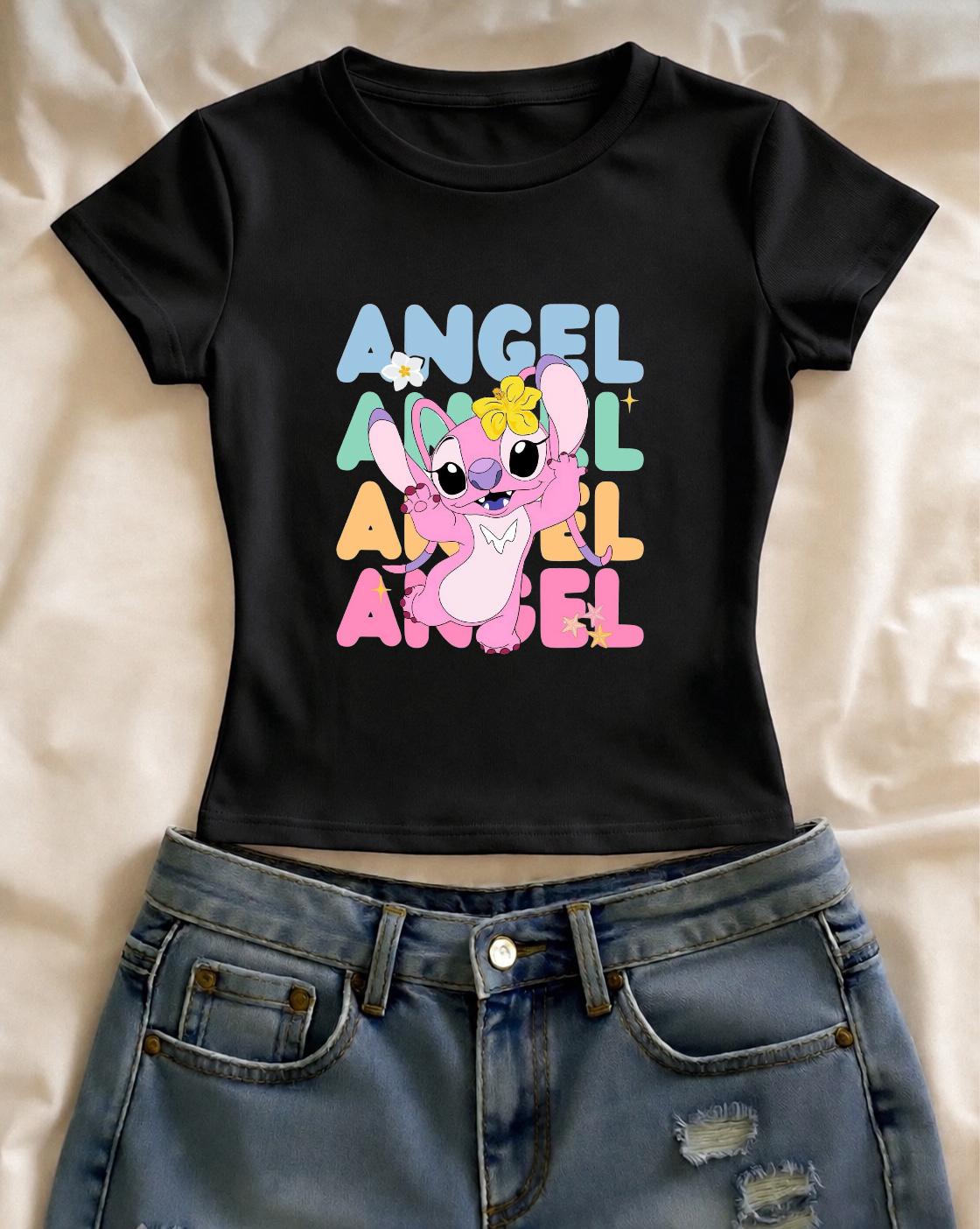 Angel Pink Stıtch Baskılı Siyah Kemer Boy Y2K Kısa Kollu Crop