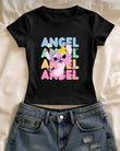 Angel Pink Stıtch Baskılı Siyah Kemer Boy Y2K Kısa Kollu Crop
