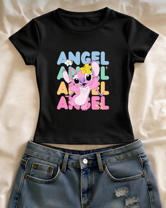 Angel Pink Stıtch Baskılı Siyah Kemer Boy Y2K Kısa Kollu Crop
