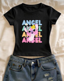 Angel Pink Stıtch Baskılı Siyah Kemer Boy Y2K Kısa Kollu Crop