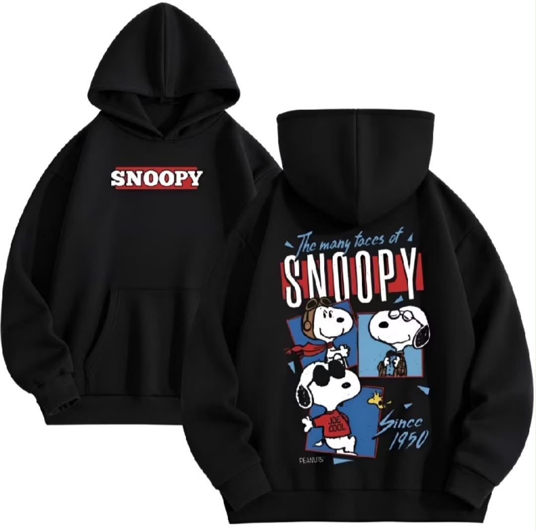 Siyah Snoopy Ön-Sırt Baskılı Oversize Kapüşonlu Sweatshirt