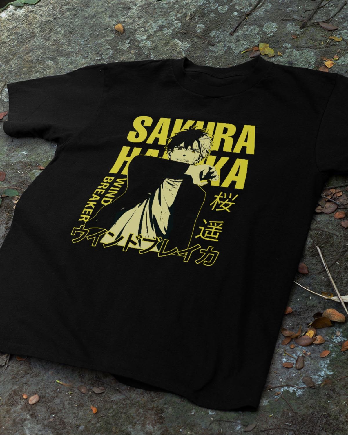 Siyah Sakura Sarı Baskılı Oversize T-Shirt