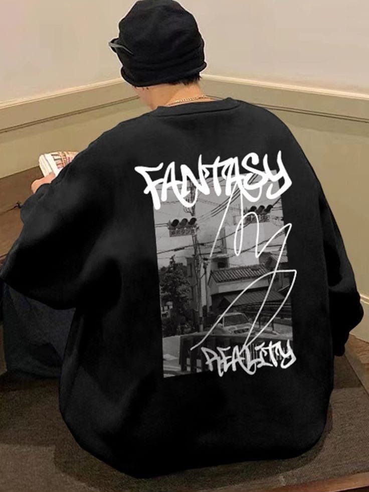 Siyah Fantasy Realıty Sırt Baskılı Oversize Sweatshirt