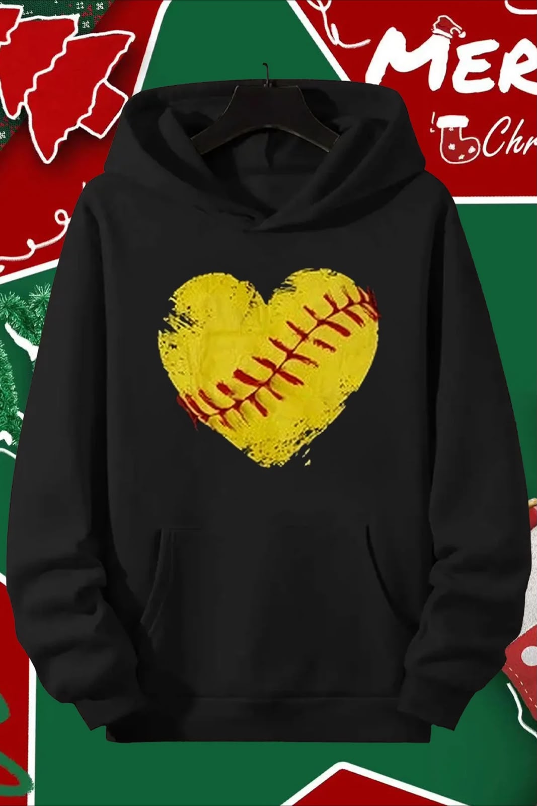 Siyah Beyzbol Kalp Baskılı Kanguru Cepli Kapüşonlu Sweatshirt