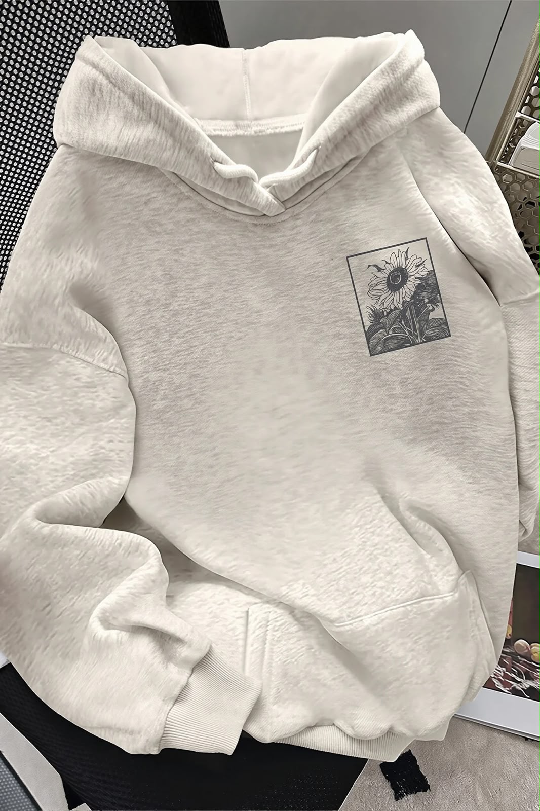 Gri Flowers Sırt Baskılı Kapüşonlu Oversize Sweatshirt