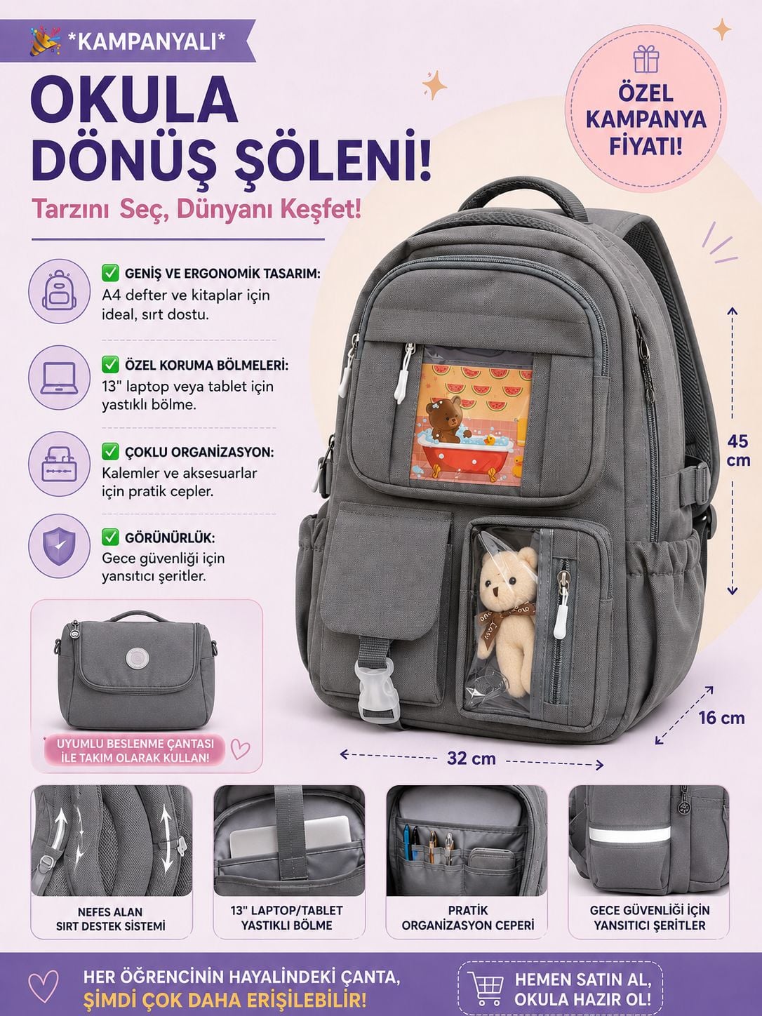 Color Bags 13'' Laptop Bölmeli 2'li Okul Çantası Seti - Gri