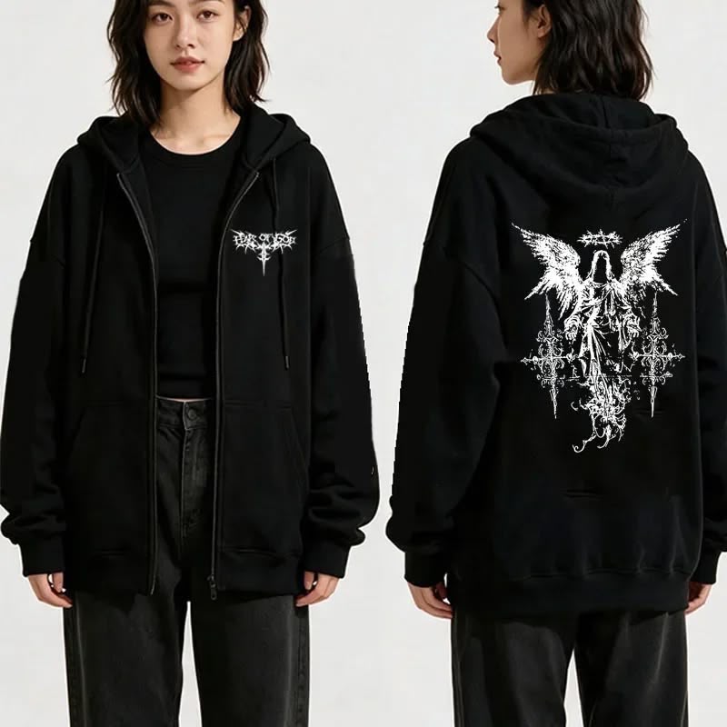Siyah Gotik Melek Baskılı Fermuarlı Kapüşonlu Oversize Sweatshirt