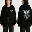 Siyah Gotik Melek Baskılı Fermuarlı Kapüşonlu Oversize Sweatshirt