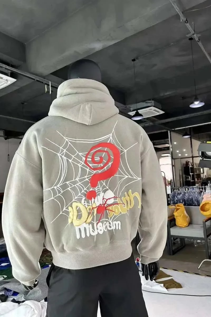 Gri Örümcek Ağı Ve Soru İşareti Sırt Baskılı Oversize Kapüşonlu Sweatshirt