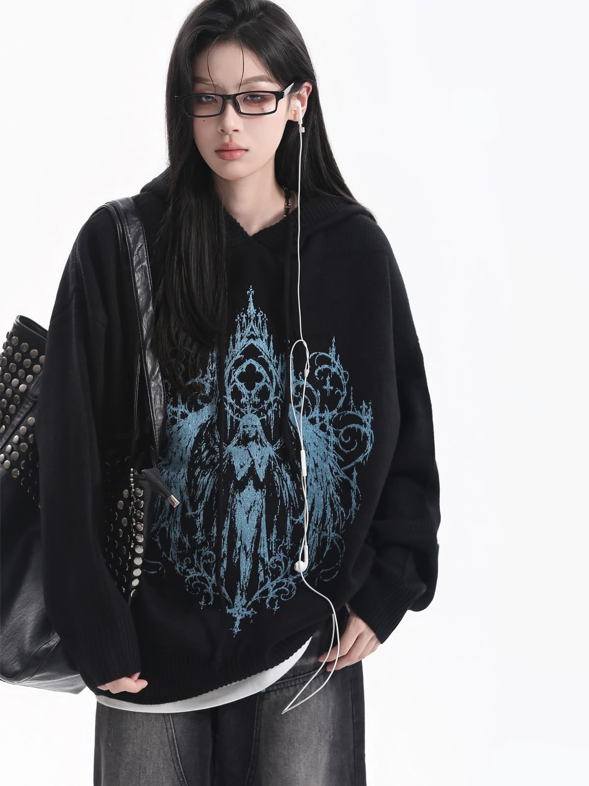 Siyah Gotik Mavi Melek Baskılı Kapüşonlu Oversize Sweatshirt