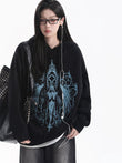 Siyah Gotik Mavi Melek Baskılı Kapüşonlu Oversize Sweatshirt