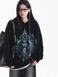 Siyah Gotik Mavi Melek Baskılı Kapüşonlu Oversize Sweatshirt