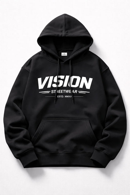 Siyah Vısıon Streerwear Baskılı Kanguru Cepli Kapüşonlu Oversize Sweatshirt