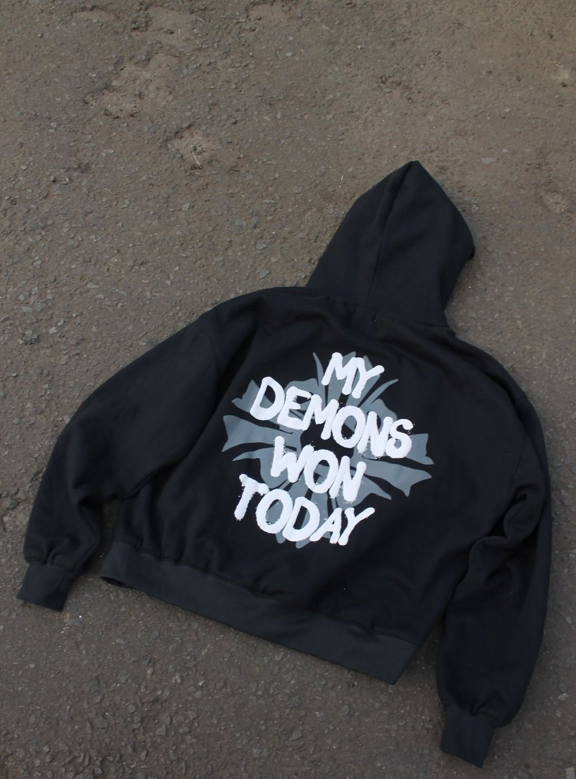 Siyah My Demons Won Today Sırt Baskılı Oversize Kapüşonlu Sweatshirt