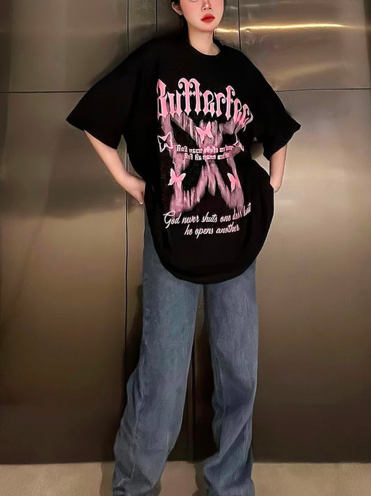 Gothic Kelebek Grafik Baskılı Oversize Uniseks  - Y2K Grunge Siyah T-Shirt