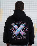 Siyah Holografik X Sırt Baskılı Kapüşonlu Oversize Sweatshirt