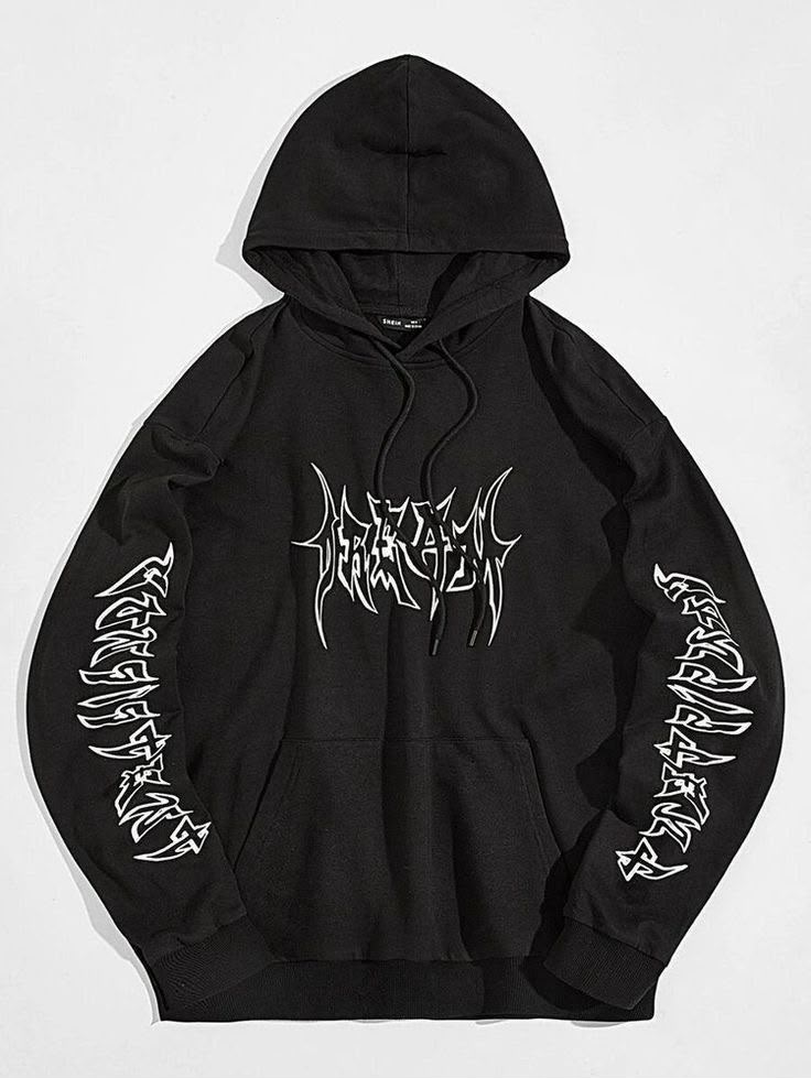 Siyah Heavy Metal Tarzı Baskılı Kapüşonlu Oversize Sweatshirt