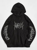 Siyah Heavy Metal Tarzı Baskılı Kapüşonlu Oversize Sweatshirt