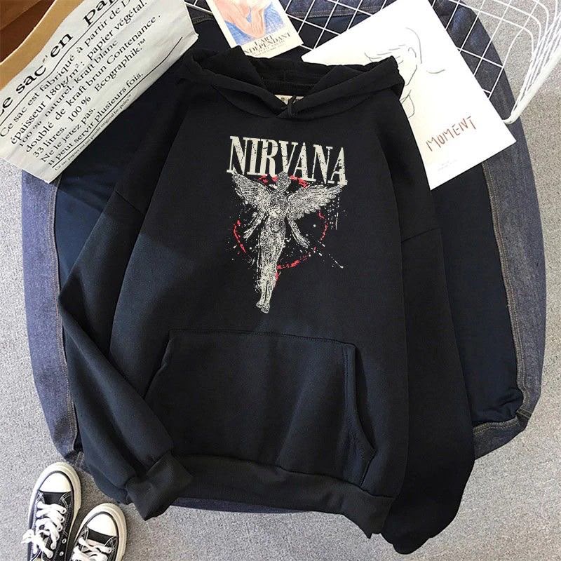 Siyah Nırvana Baskılı Oversize Kapüşonlu Sweatshirt
