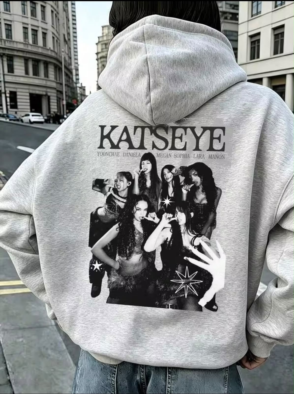 Gri Katseye Sırt Baskılı Oversize Kapüşonlu Sweatshirt