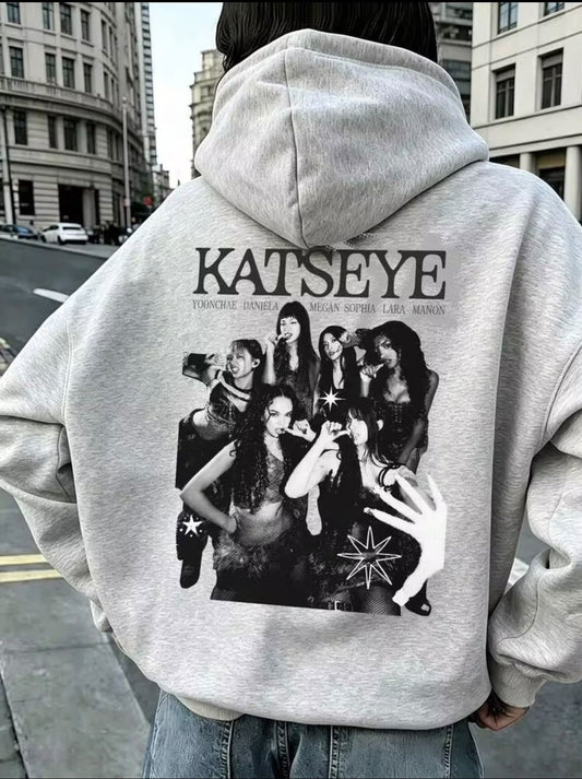 Gri Katseye Sırt Baskılı Oversize Kapüşonlu Sweatshirt