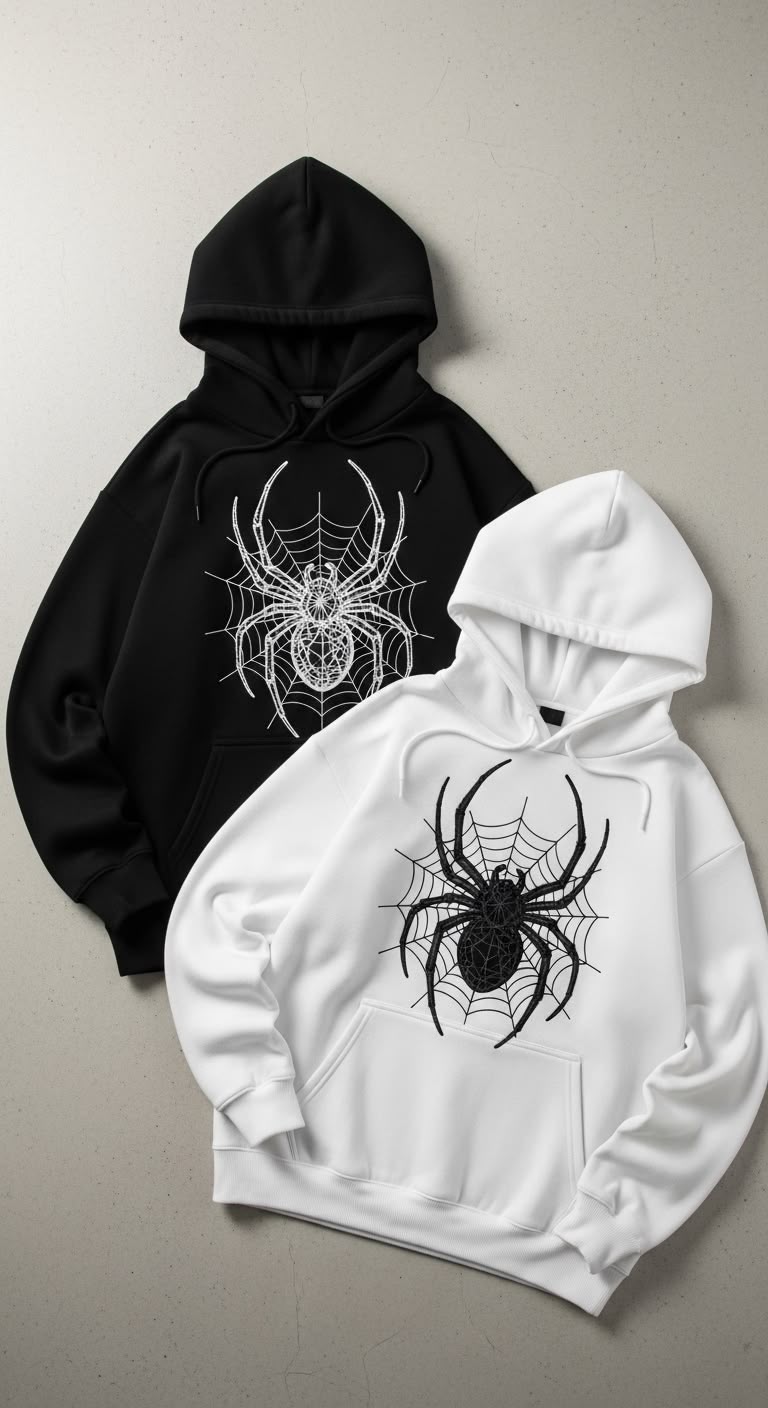 Siyah-Beyaz Örümcek Baskılı Sevgili-Arkadaş-Çift Kombini Oversize Sweatshirt-2'li Sweatshirt Kombin