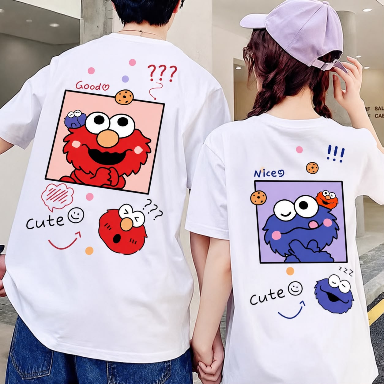 Beyaz Elmo & Kurabiye Canavarı Baskılı Çift Kombini -2'li T-Shirt Kombini