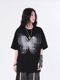 Siyah Holografik Kelebek Baskılı Oversize Uniseks T-shirt