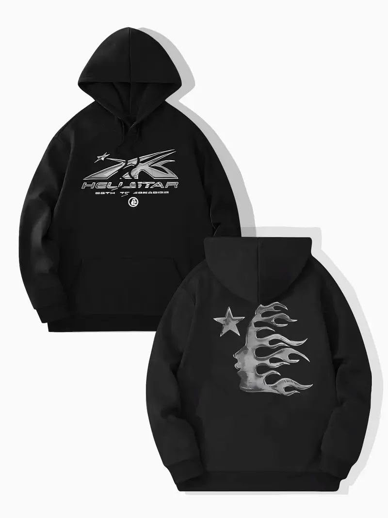 Siyah Hellstar Ön-Arka Baskılı Oversize Kapüşonlu Sweatshirt