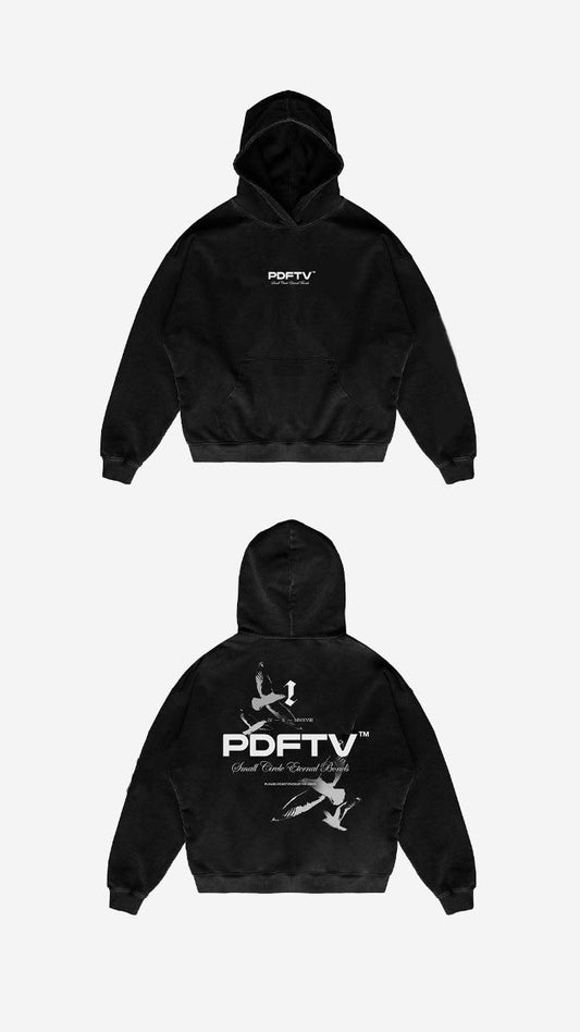 Siyah Pdftv Ön-Sırt Baskılı Oversize Kapüşonlu Sweatshirt