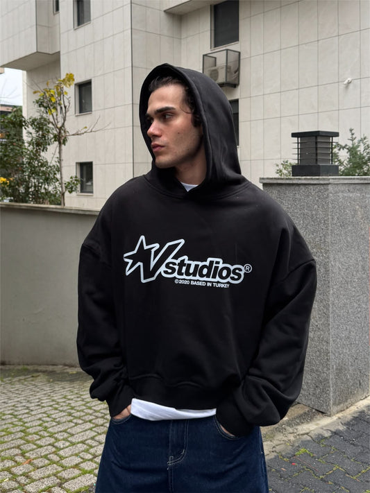 Siyah V Studios Baskılı Oversize Kapüşonlu Sweatshirt