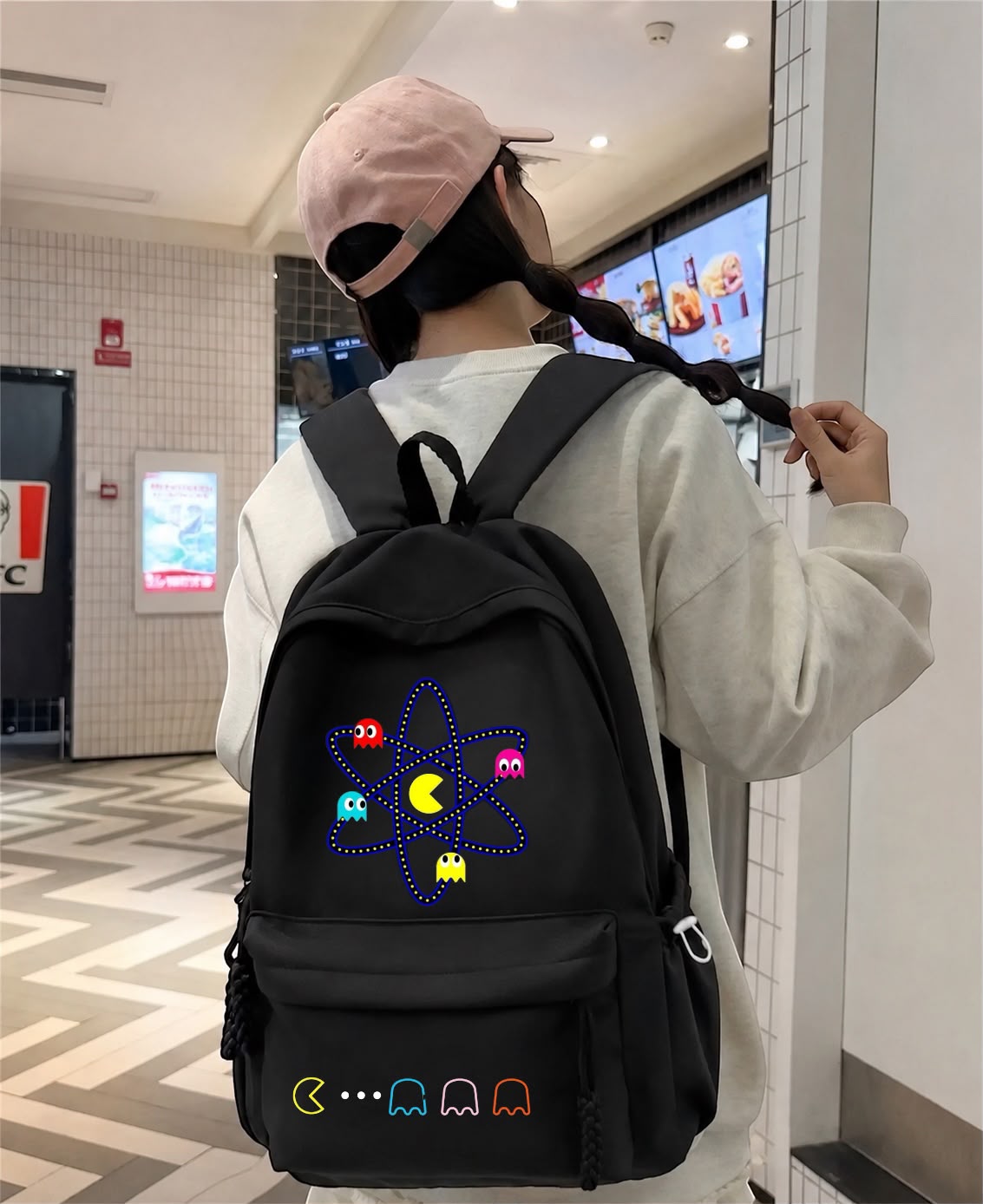 Siyah Pac-Man Baskılı Okul,Dershane,Kurs Sırt Çantası