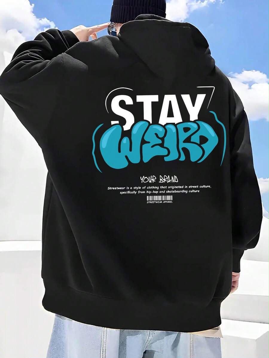 Siyah Stay Weırd Sırt Baskılı Oversize Kapüşonlu Sweatshirt