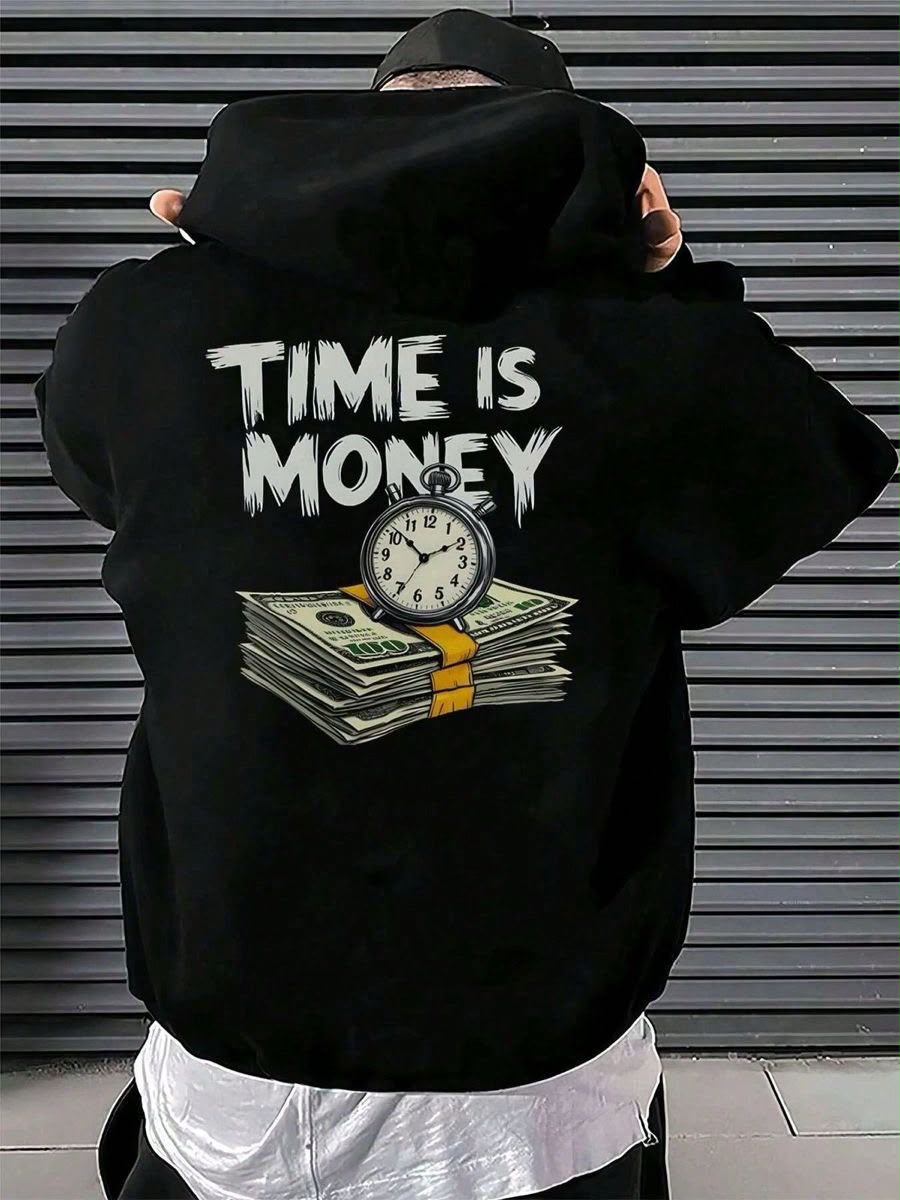 Siyah Tıme Is Money Sırt Baskılı Oversiz Kapüşonlu Sweatshirt