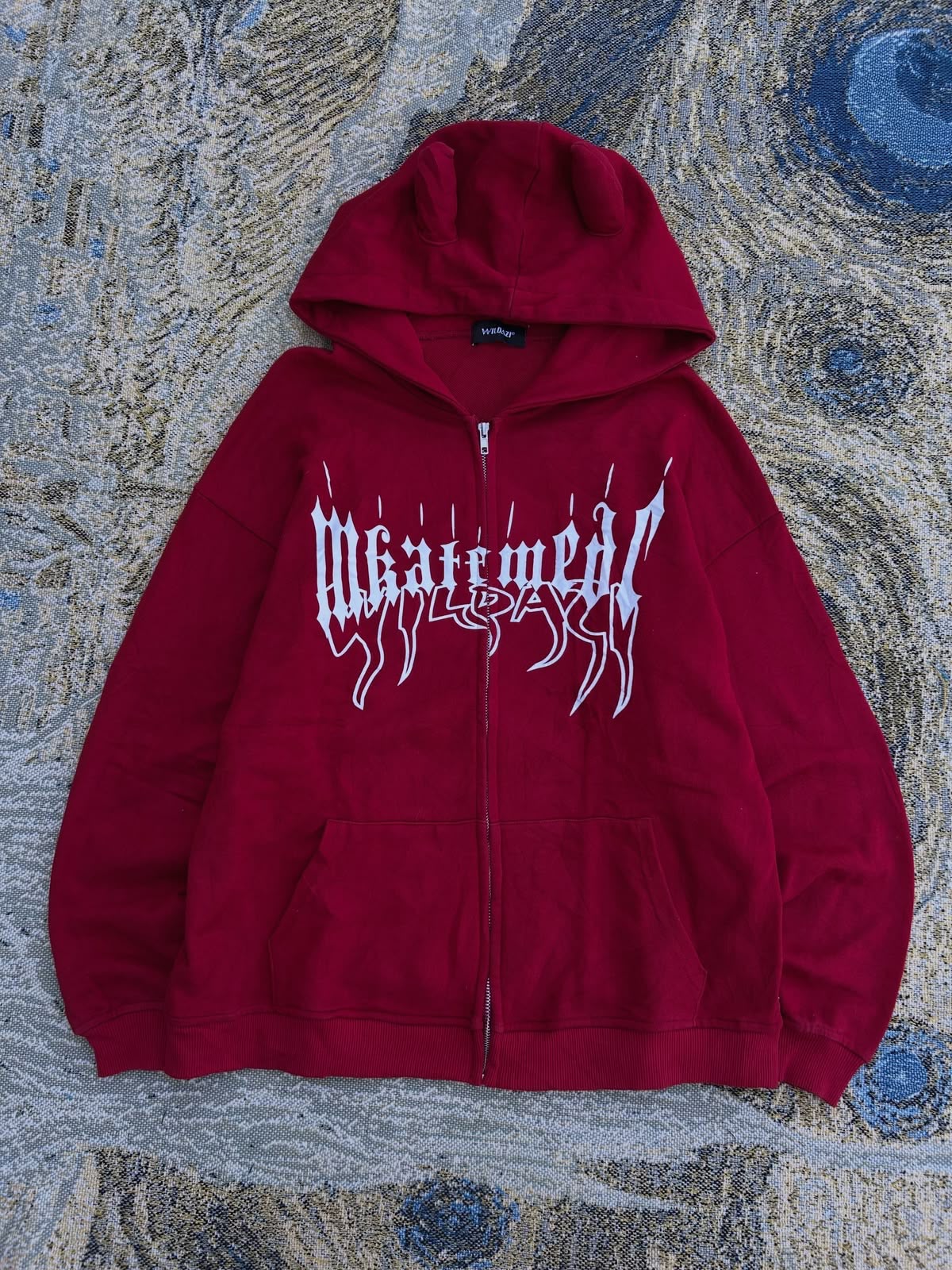 Kırmızı Gotik Baskılı Fermuarlı Oversize Sweatshirt